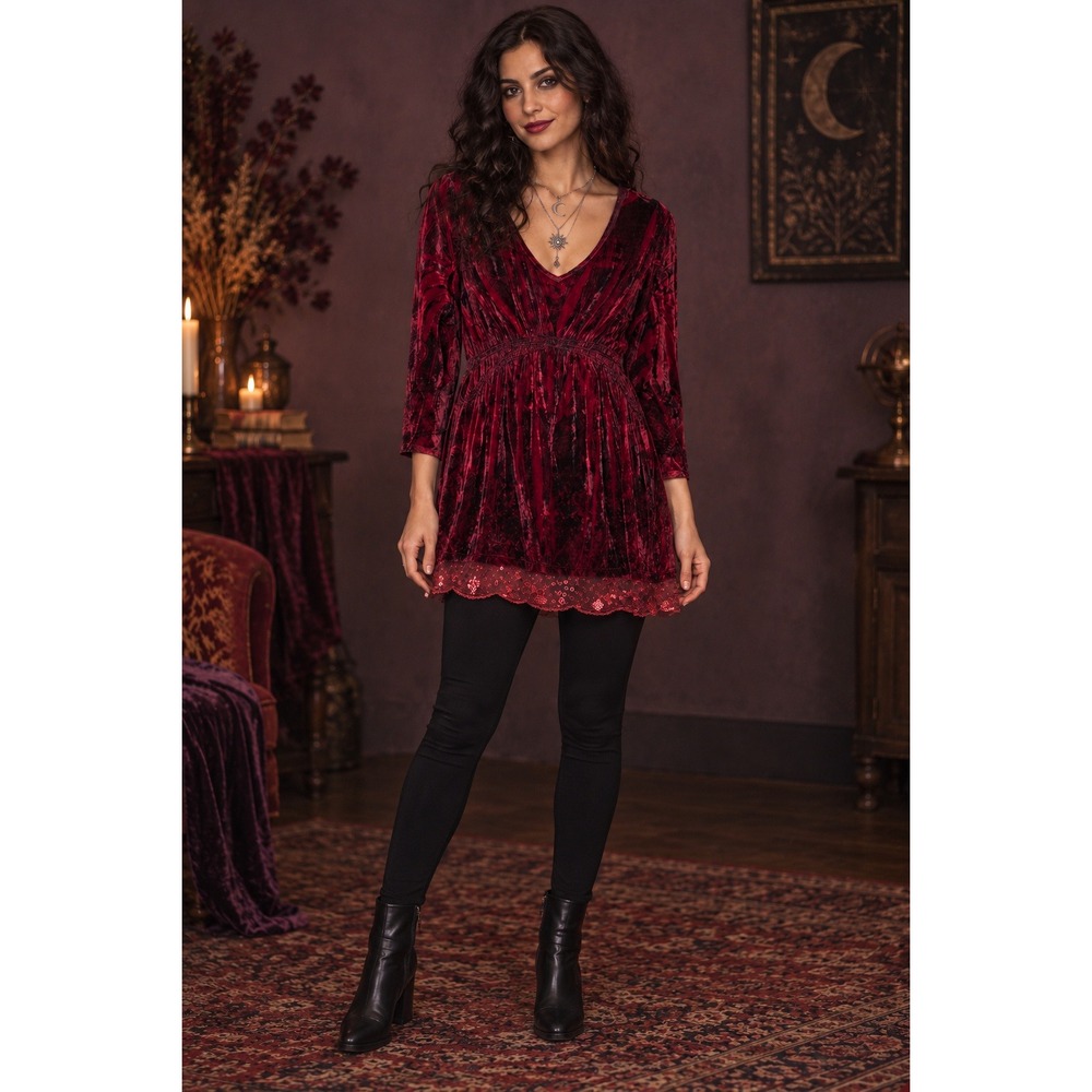 Whimsigoth World Tunic Top Women M Burgundy Red Velvet Sequin Trim Boho V-Neck